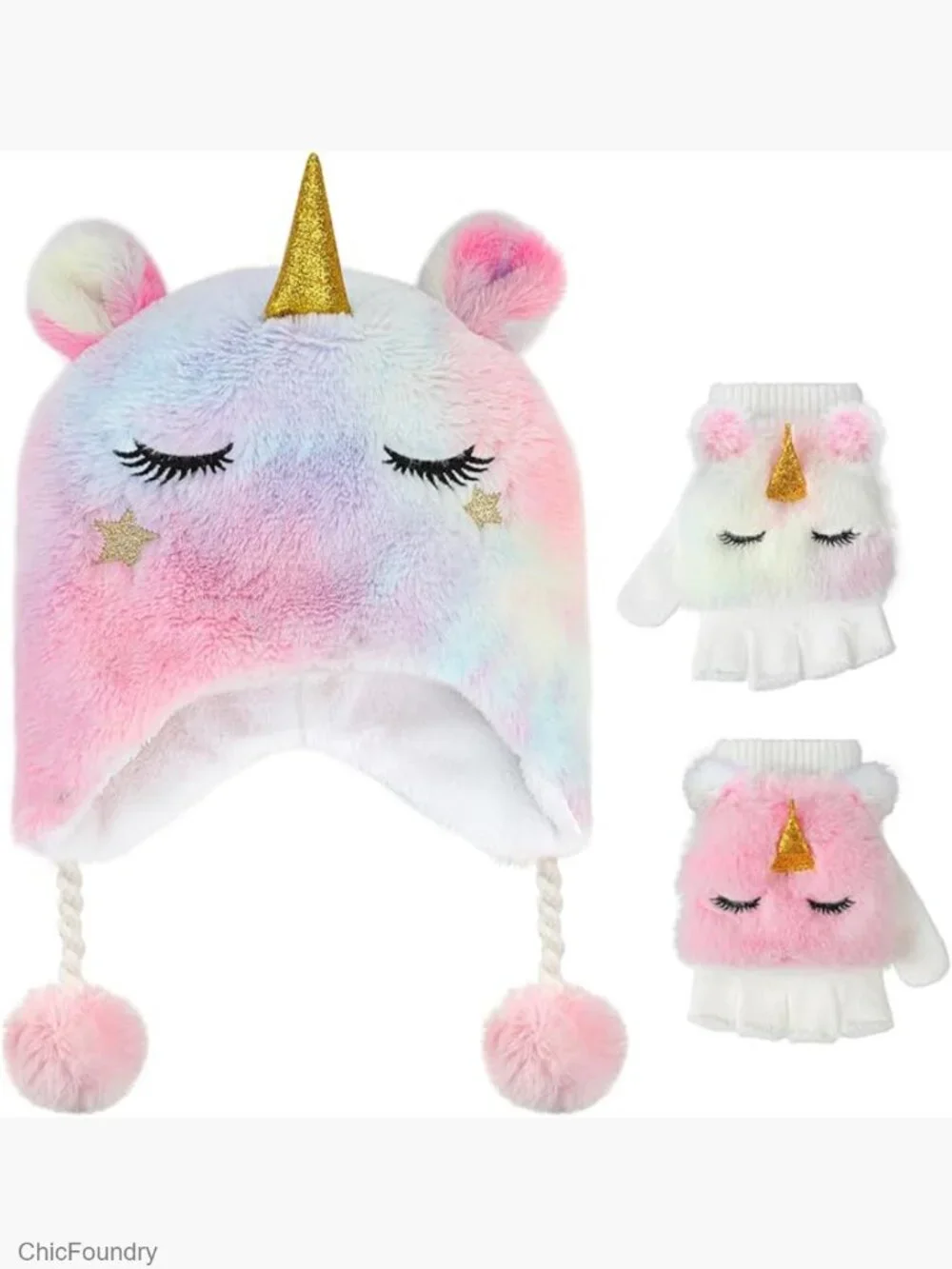 Fleece Unicorn Earflap Hat and Flip Top Mittens Set for Kids